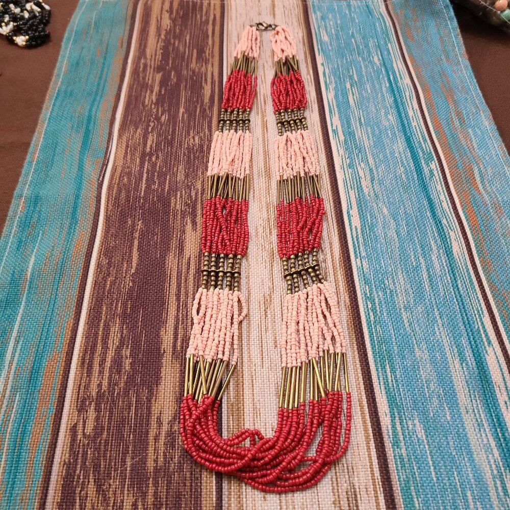 Seed Beaded Tubed Multi Strand Multicolor Bib Necklace 30 Inches